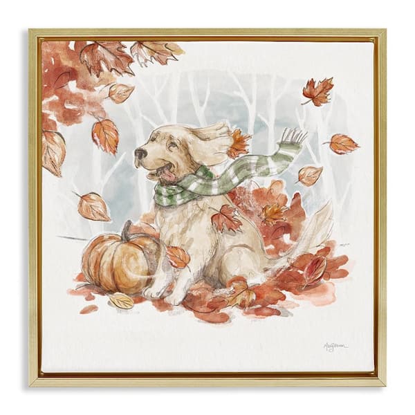 Stupell Industries Happy Autumn Labrador by Mary Urban Gold Floater Frame Graphic Typography Art Print 18 in. x 18 in.