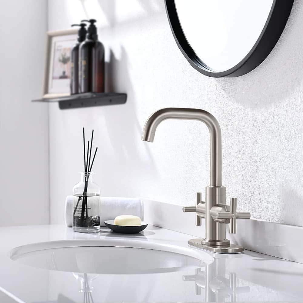 Brushed Nickel 4-Inch Centerset 2-Handle Bathroom Faucet with Drain