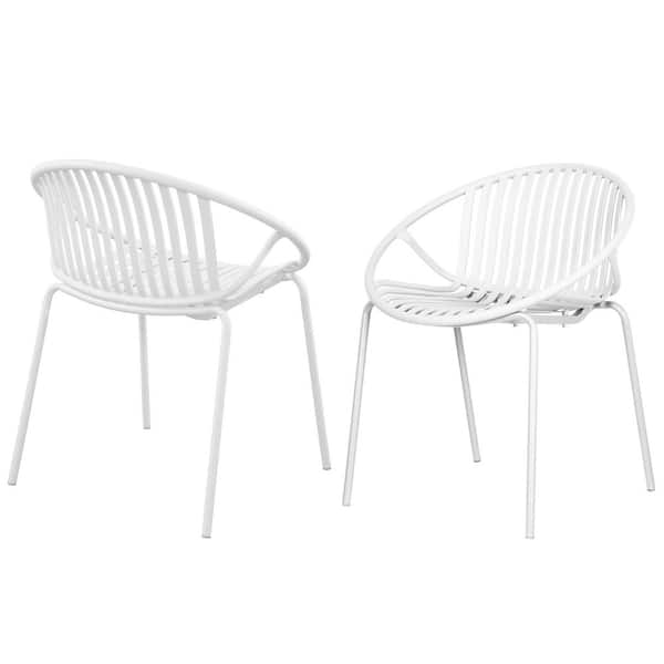 Patio Outdoor Dining Chairs Metal Legs and Plastic Backrest in White Set of 2