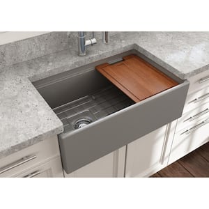Step-Rim Matte Gray Fireclay 30 in. Single Bowl Farmhouse Apron Front Workstation Kitchen Sink w/ Accessories