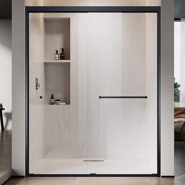 UNIKOO UKD06 56 to 60 in. W x 76 in. H Double Sliding Semi-Frameless Shower Door in Matte Black, EnduroShield Clear Glass