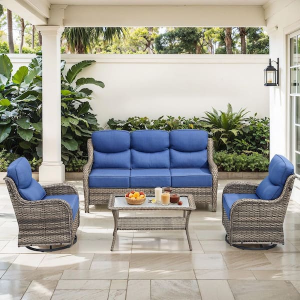 JHXL Gray 4-Piece Patio Conversation Set Outdoor Sofa Set Swivel Glider Chair With 6 in. Blue Cushions