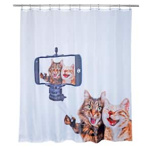 71 in. x 71 in. Brown/Black/White Cat Selfie Shower Curtain