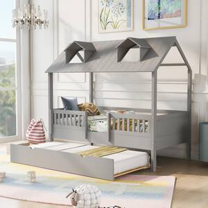 Angel Sar Gray Twin Size Wood House Bed With Twin Size Trundle, Daybed ...