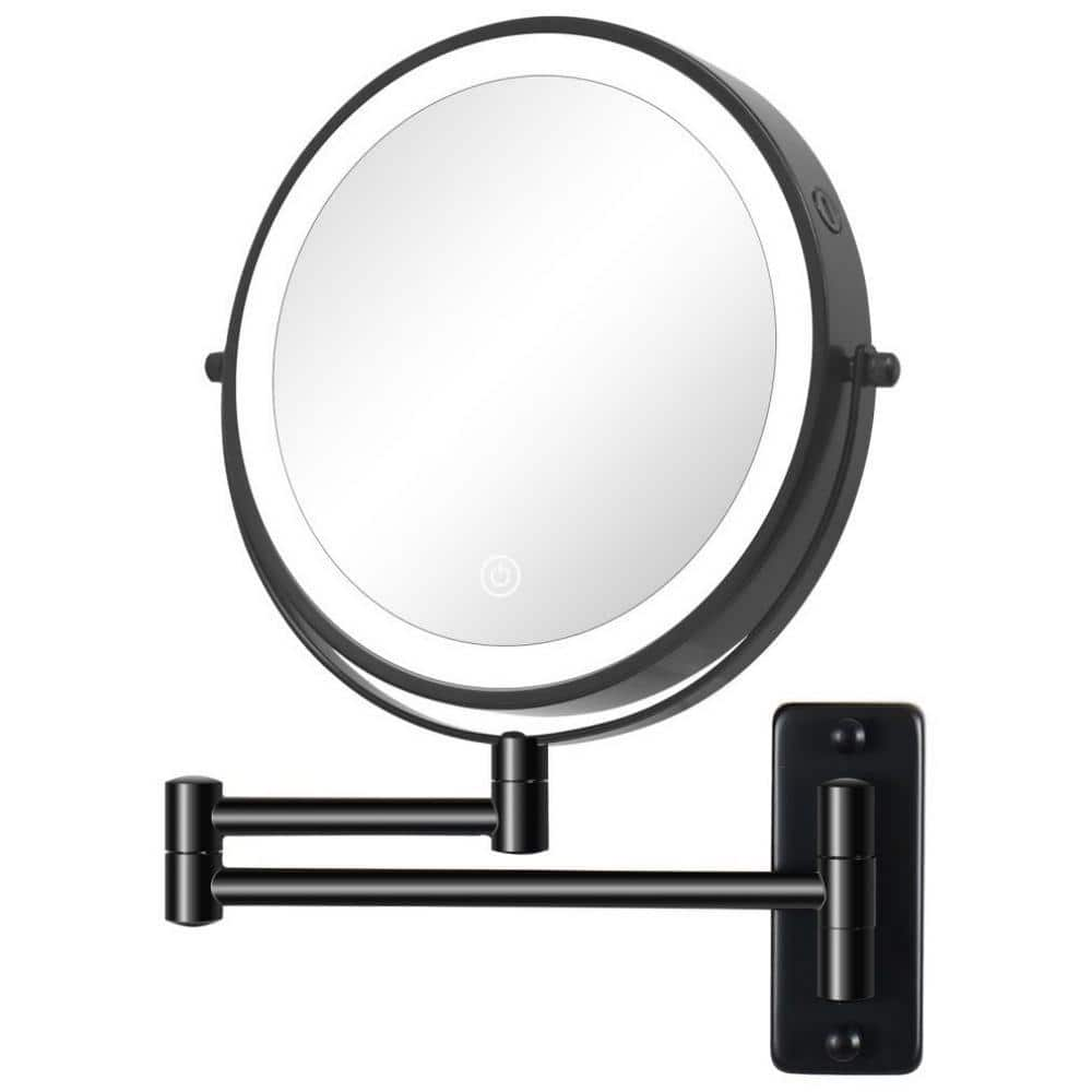 8 in. W x 12 in. H LED Lighted Round 1X/10X Magnifying Wall Mount Touch Dimmable Bathroom Makeup Mirror in Black -  Amucolo, Yead-CYD0-F7P