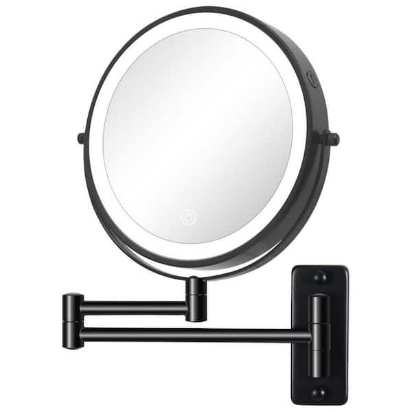 Amucolo 8 in. W x 12 in. H LED Lighted Round 1X/10X Magnifying Wall Mount Touch Dimmable Bathroom Makeup Mirror in Black