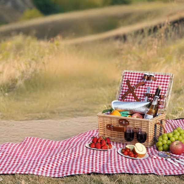 Numhew Vintage Classic 1-Piece Red Check Wicker Picnic Basket Set