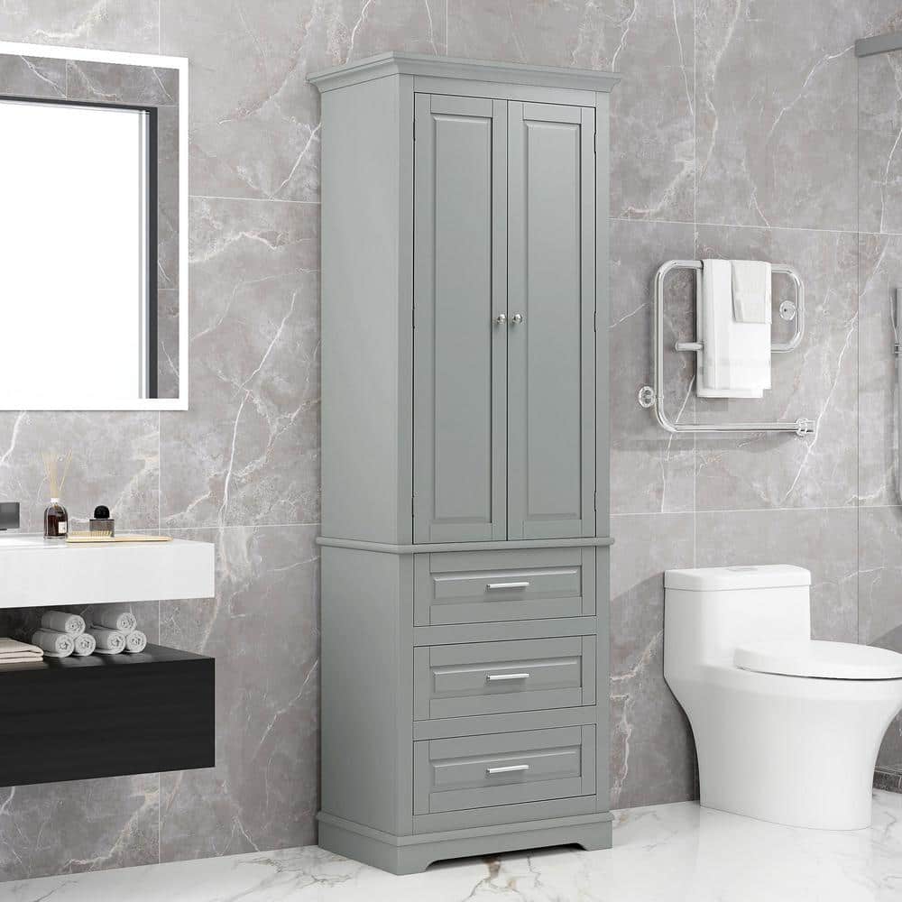 24 in. W x 15.7 in. D x 70 in. H Gray MDF Freestanding Tall Linen Cabinet w