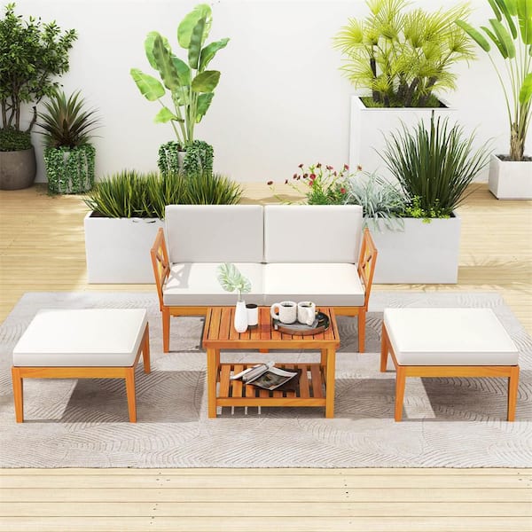 5-Piece Acacia Wood Outdoor Chaise Lounge Chair Set with 2-Tier Coffee Table White Cushions