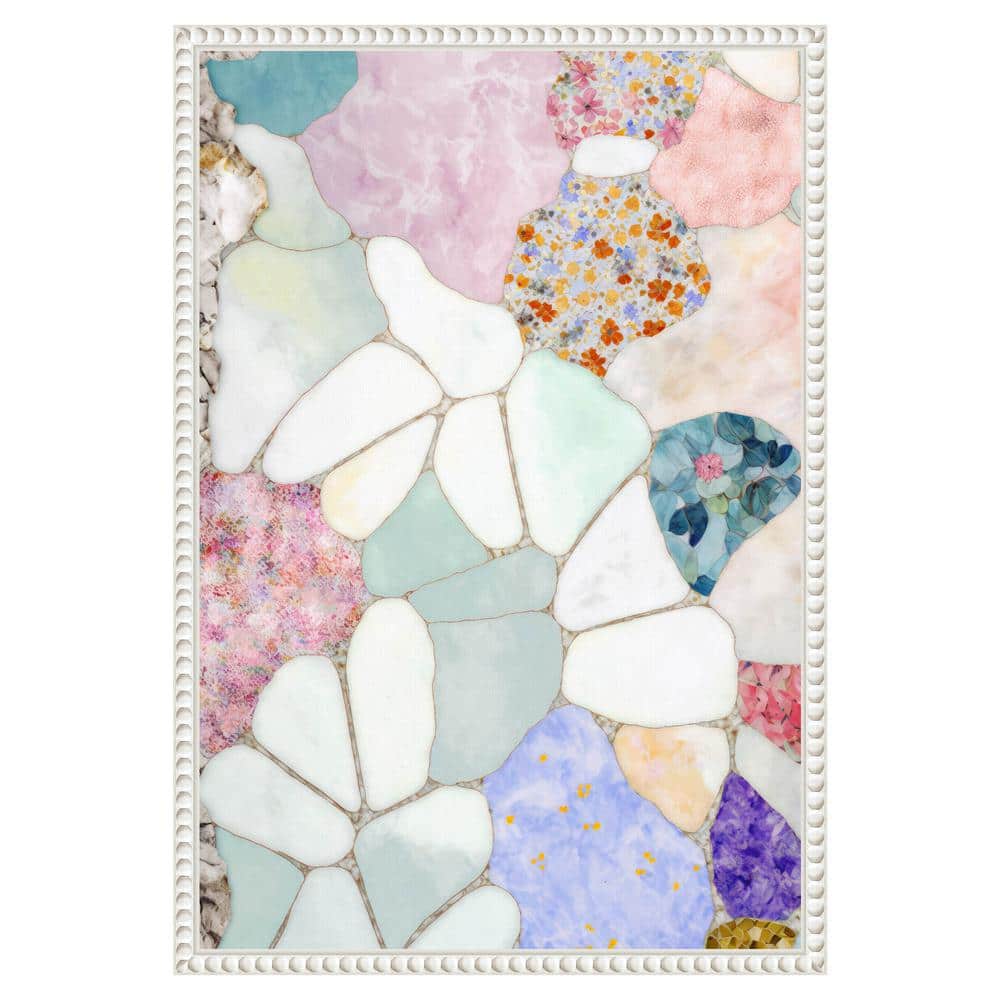 Floral Mosaic Abstract Canvas Art with White Beaded Frame
