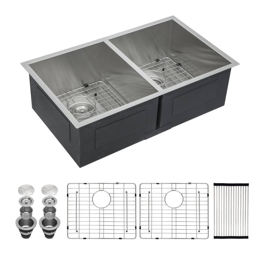 18 Gauge Stainless Steel 33 in. Double Bowl Undermount Kitchen Sink with Bottom Grid, Stainless Steel Brushed