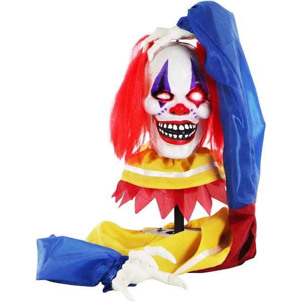 Haunted Hill Farm 20 in. Animatronic Pop-Up Talking Clown Head with Light-Up Eyes for Scary Halloween Prop