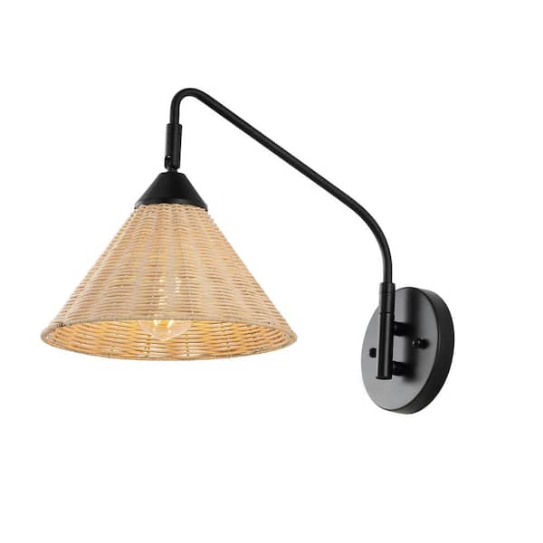 JONATHAN Y Kiawah 11 in. 1-Light Black/Natural Wall Sconce Vintage Coastal Rattan/Metal Swing Arm LED