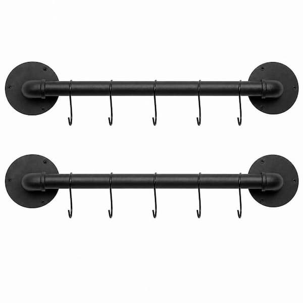 2-Pack Black 21 in. Industrial Pipe Wall Mounted Pot Rack and Utensil Hanger Kitchen Pot Storage Organizer