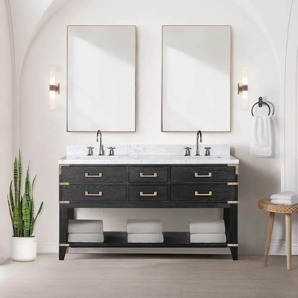 Lexora Irvington 60 in W x 22 in D Black Oak Double Bath Vanity, Carrara Marble Top, and 28 in Mirrors