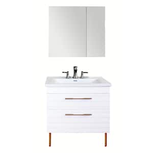 32 in. Bath Vanity in Glossy White with Vitreous China Vanity Top in White with White Basin and Mirror