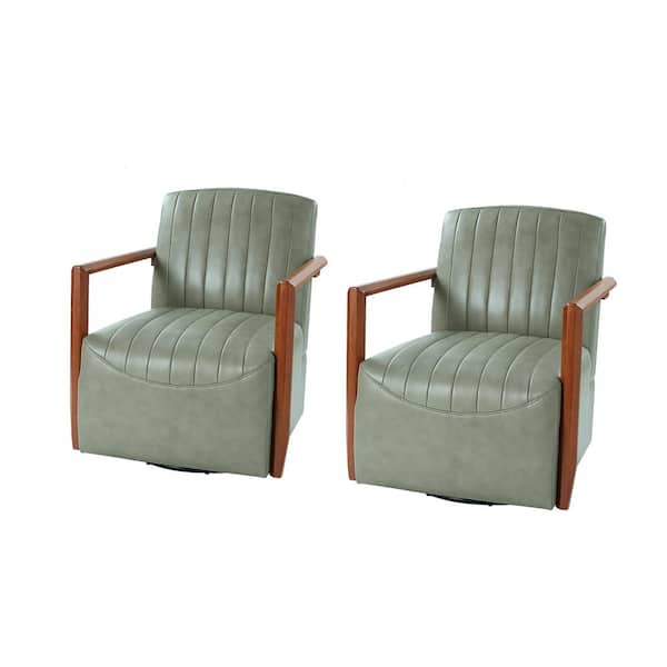 JAYDEN CREATION Pedro Sage Genuine Leather Swivel Chair Set of 2 with Wooden Arms