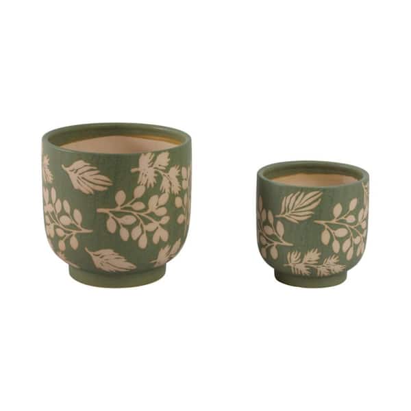 6 in. and 8 in. Green Stoneware Hand Painted Leaves Decorative Pots (Set of 2)