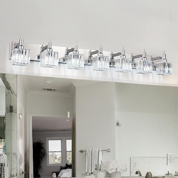 Orillia 51.18 in. 7-Light Modern Chrome Bathroom Vanity Light with Crystal Shades