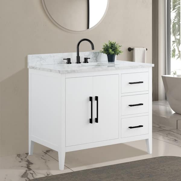 42 in. W x 22 in. D x 34 in. H Single Sink Bathroom Vanity Cabinet in White with Engineered Marble Top