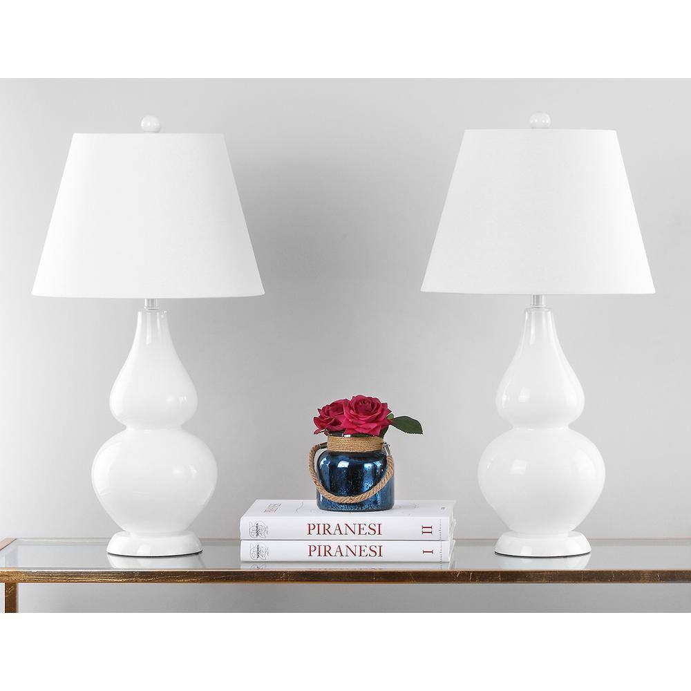 Cybil White Glass Double Gourd Nightstand Lamp Set with Cotton Shade