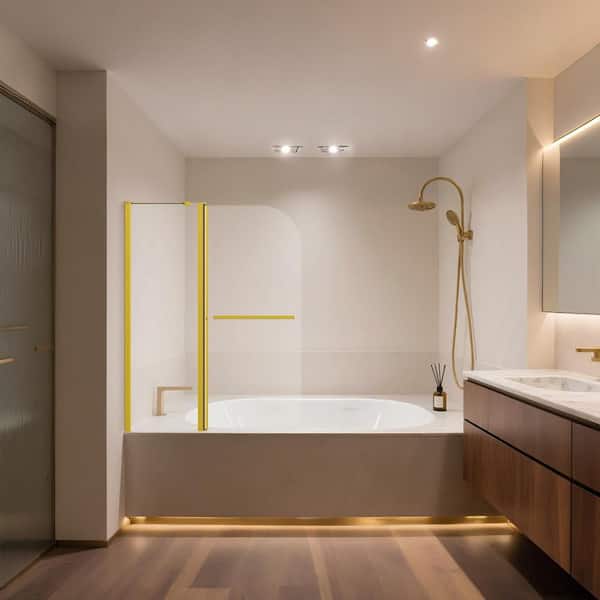 Kuomih 43 in. W x 58 in. H Folded-Fixed Tub Door Frameless Tub Shower Door in Brushed Gold with 1/4 in. Tempered Clear Glass