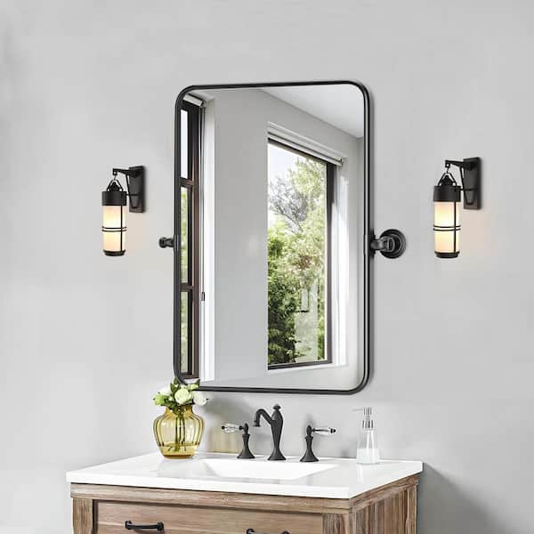 20 in. W x 30 in. H Modern Rectangular Black Stainless Steel Frame Round Corner Adjustable Vanity Mirror Wall Mirror