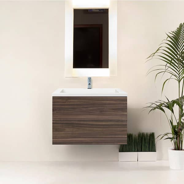 Ella Air Wall Mount 30 in. W x 19 in. D x 20 in. H Single Sink Floating Bath Vanity in Walnut with White Cultured Marble Top