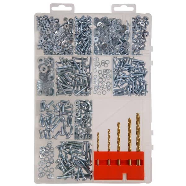 Hillman Zinc Machine Screw, Flat Washer, Split Lock Washer and Nut with Drill Bits Assorted Kit (720-Pack)