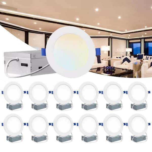 KOAOEIRS 5/6 in. LED Recessed Ceiling Light with Night Light 5CCT Selectable Ultra-Thin Light 12-Watt 1050-Lumen ETL List 12-Pack