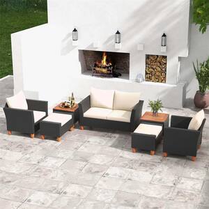 7-Piece Wicker Patio Conversation Set with Storage Table and White Cushions