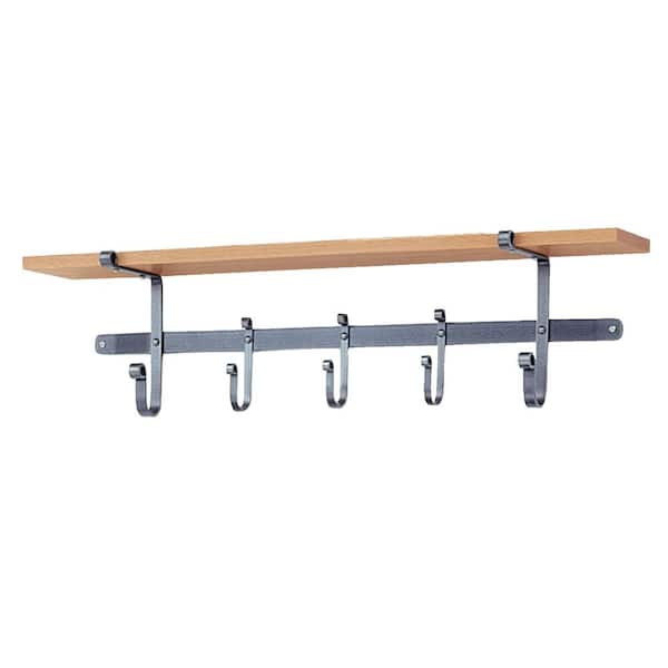 Enclume Handcrafted 36 in. Hammered Steel Coat Rack with Solid Hardwood Shelf with 5-Hooks