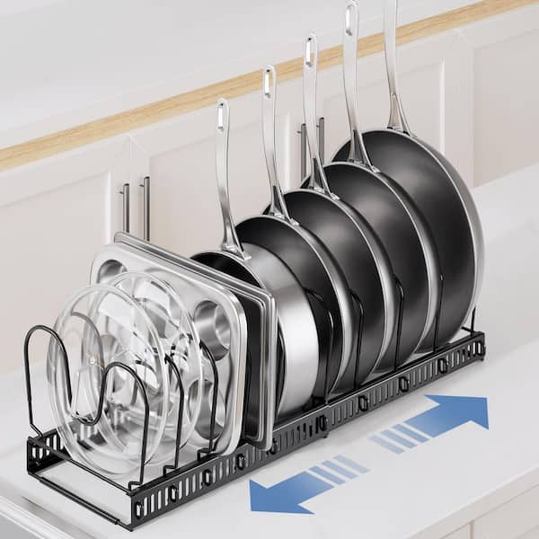 Black Expandable Pan and Pot Organizer Rack with Pot Lid Organizer, Adjustable 10-Dividers, Pot Rack Standing