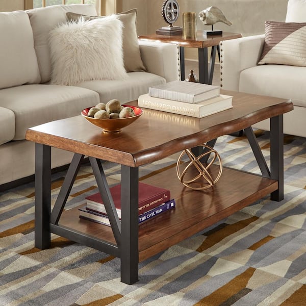 HomeSullivan Glossy Medium Brown/Black Metal Live Edge Wood And Metal Coffee Table