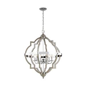 Socorro 25 in. W 6-Light Washed Pine Hall-Foyer Rustic Farmhouse Hanging Pendant