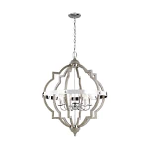 Socorro 25 in. W 6-Light Washed Pine and Chrome Accents Hall-Foyer Quatrefoil Pendant with Dimmable Candelabra LED Bulb