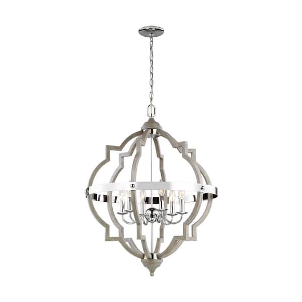 Generation Lighting Socorro 25 in. W 6-Light Washed Pine and Chrome Accents Hall-Foyer Quatrefoil Pendant with Dimmable Candelabra LED Bulb
