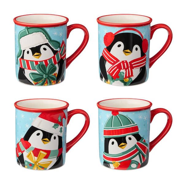 Christmas Whimsy Penguin 18 oz. Assorted Colors Ceramic Mugs (Set of 4)