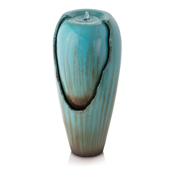 Alpine Corporation 33 in. Tall Water Jar Fountain with LED Light, Turquoise