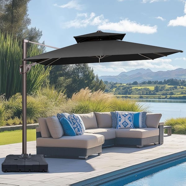 Pellebant 2-Tier Top 11.5 ft. x 9 ft. Aluminum Outdoor 360° Rotation Cantilever Patio Umbrella in Black with 260 lbs. Base