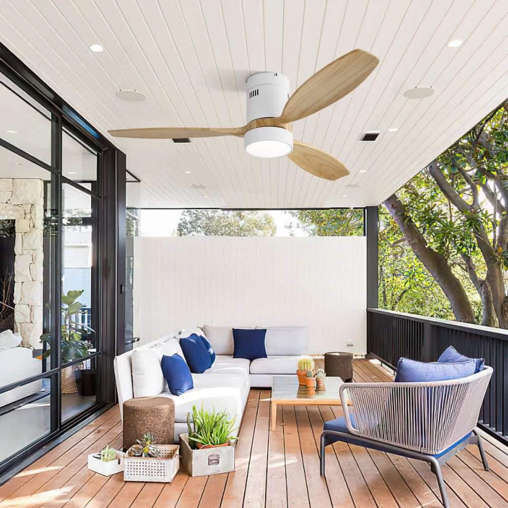 52 in. Brown Flush Mount Ceiling Fan with Light and Remote, Ceiling Fan with 3 Solid Wood Blades for Bedroom, Indoor price history on PriceWatchPro