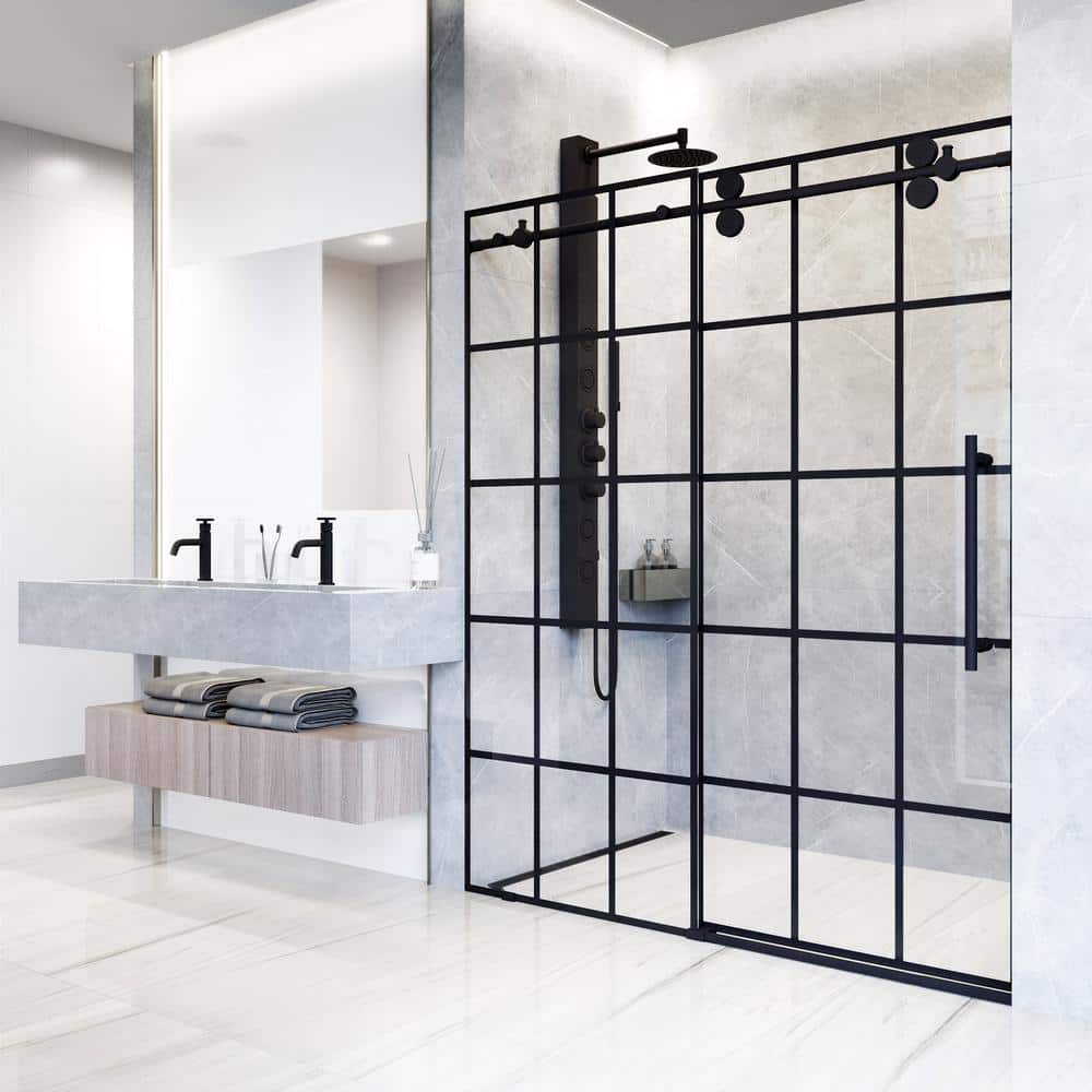 Elan 68-72" Matte Black Frameless Sliding Shower Door with Clear Grid Glass