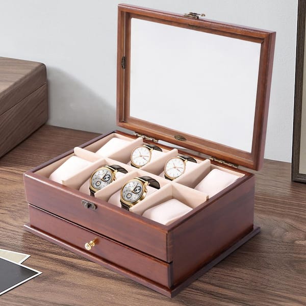 Yiyibyus Wood Watch Box, 8-Slot Watch Case with Pillows, Jewellery Bracelets Storage Box, 2 Layer, Gift for Men, Adult Unisex, Size: 29.5*22*11.5cm