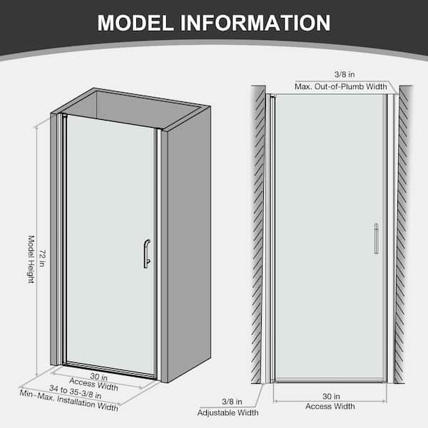 34 to 35-3/8 in. W x 72 in. H Pivot Frameless Swing Corner Shower Panel with Shower Door in Chrome with Clear Glass
