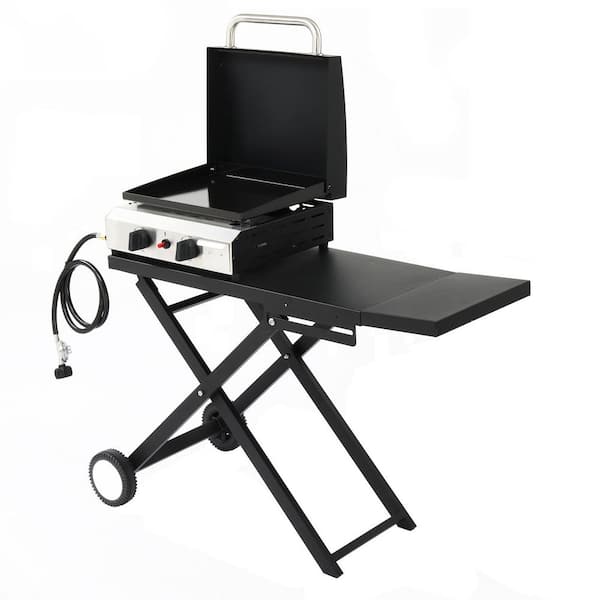 20000 BTU 2 Burner Foldable Propane Griddle Rolling Flat Top Gas Grill with Wheels and Lid for Outdoor Cooking Camping