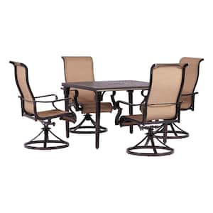 Brigantine 5-Piece Aluminum Outdoor Dining Set with 4 Sling Swivel Rockers and a 42 in. Square Cast-Top Table