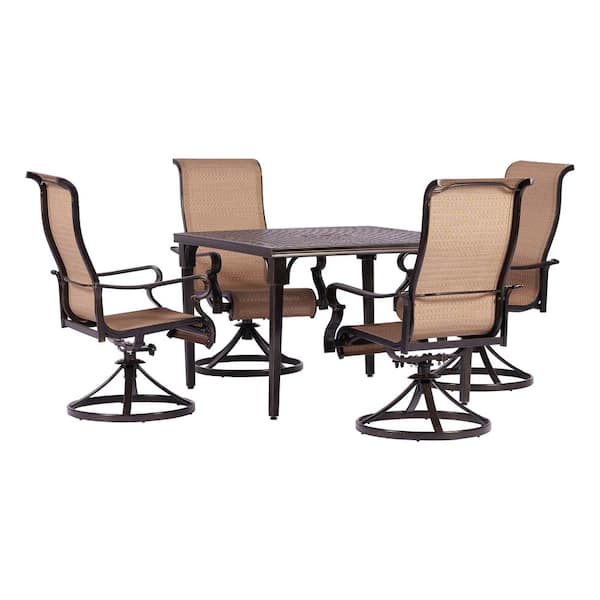 Hanover Brigantine 5-Piece Aluminum Outdoor Dining Set with 4 Sling Swivel Rockers and a 42 in. Square Cast-Top Table