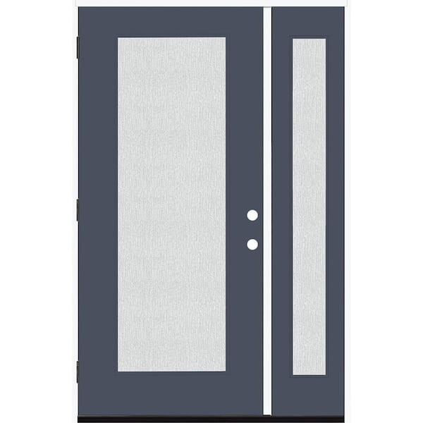 Legacy 53 in. x 80 in. Full Lite Rain Glass RHOS Primed Dark Denim Finish Fiberglass Prehung Front Door w/14in.SL