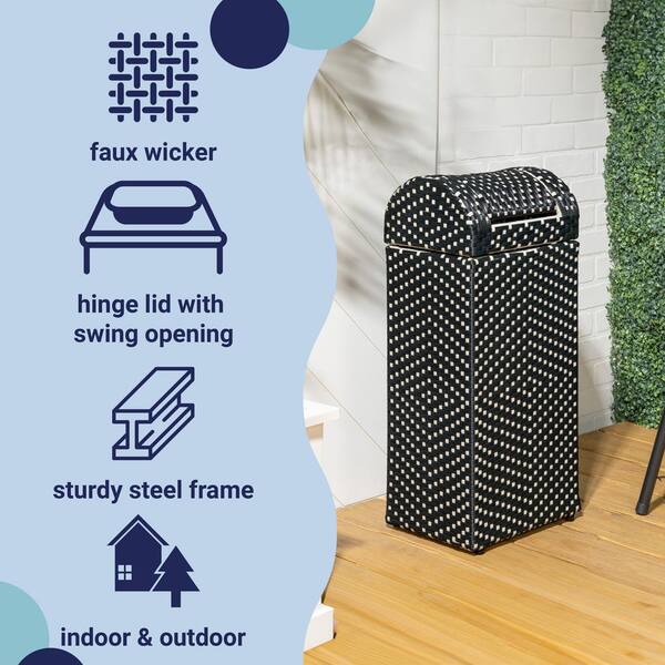 happimess - Darla 14.27 Gal. All-Weather Wicker/Metal Swing Top Lid Hideaway Outdoor Trash Can, Dark Navy/White