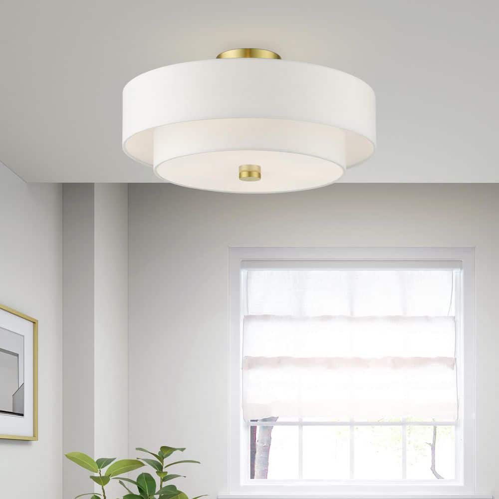 Satin Brass 4-Light Indoor/Outdoor Semi-Flush Drum Mount with Off-White Shade